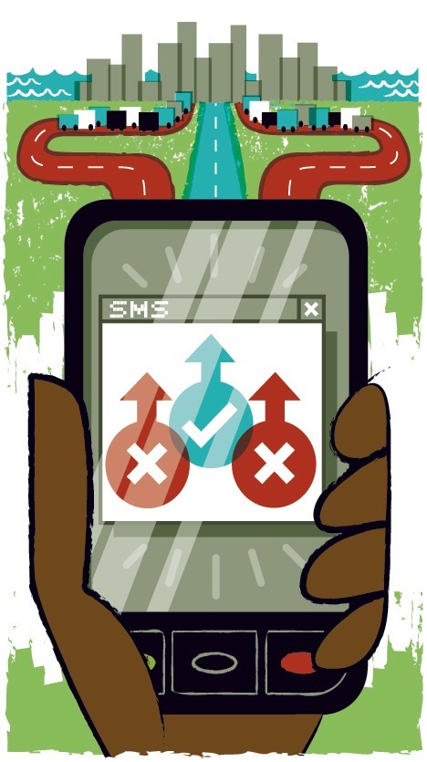 Illustration of a hand holding a mobile phone displaying traffic navigation with directional arrows and SMS interface.