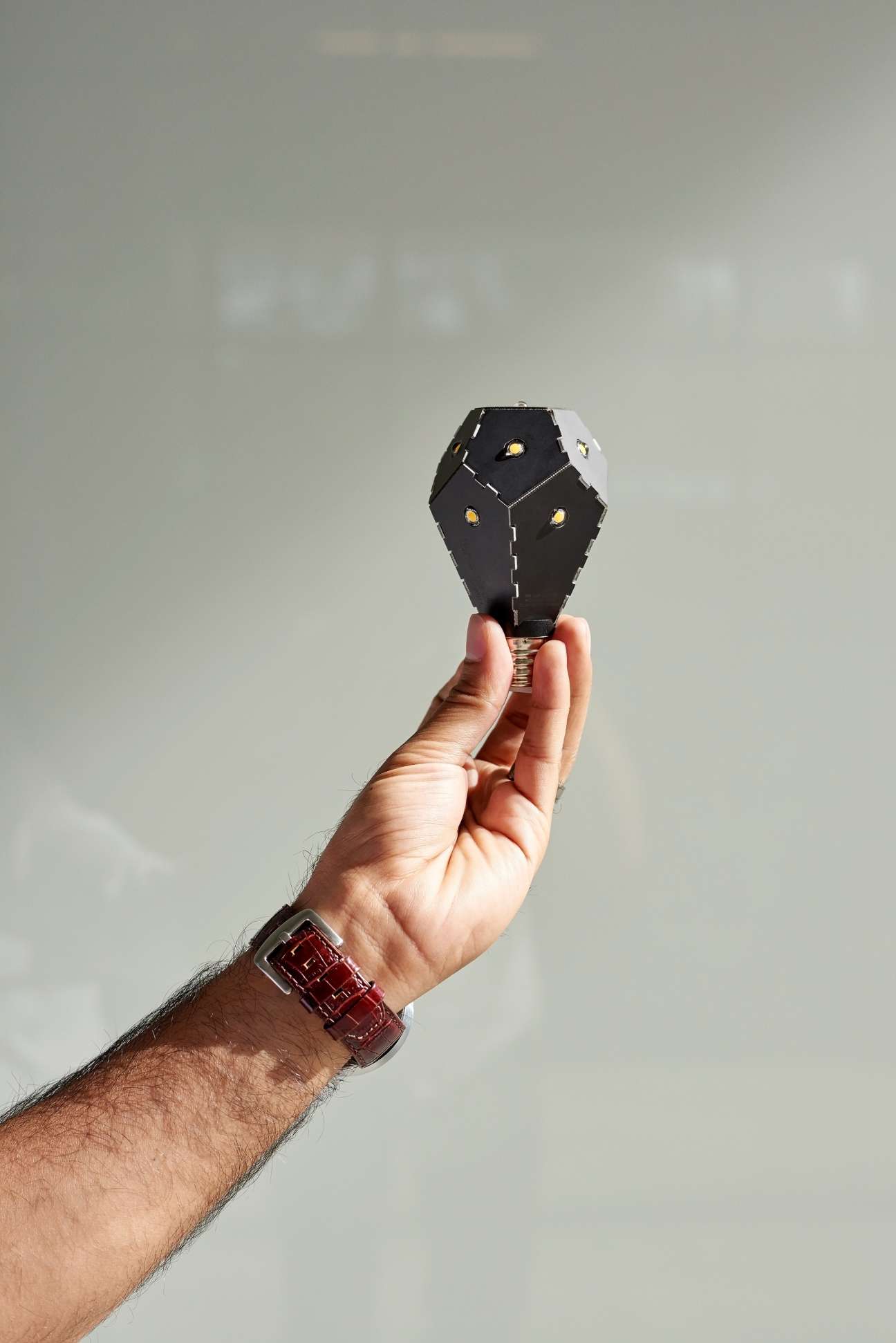Hand holding Nanoleaf's black coffin-shaped Bloom energy-efficient light bulb with golden accents.