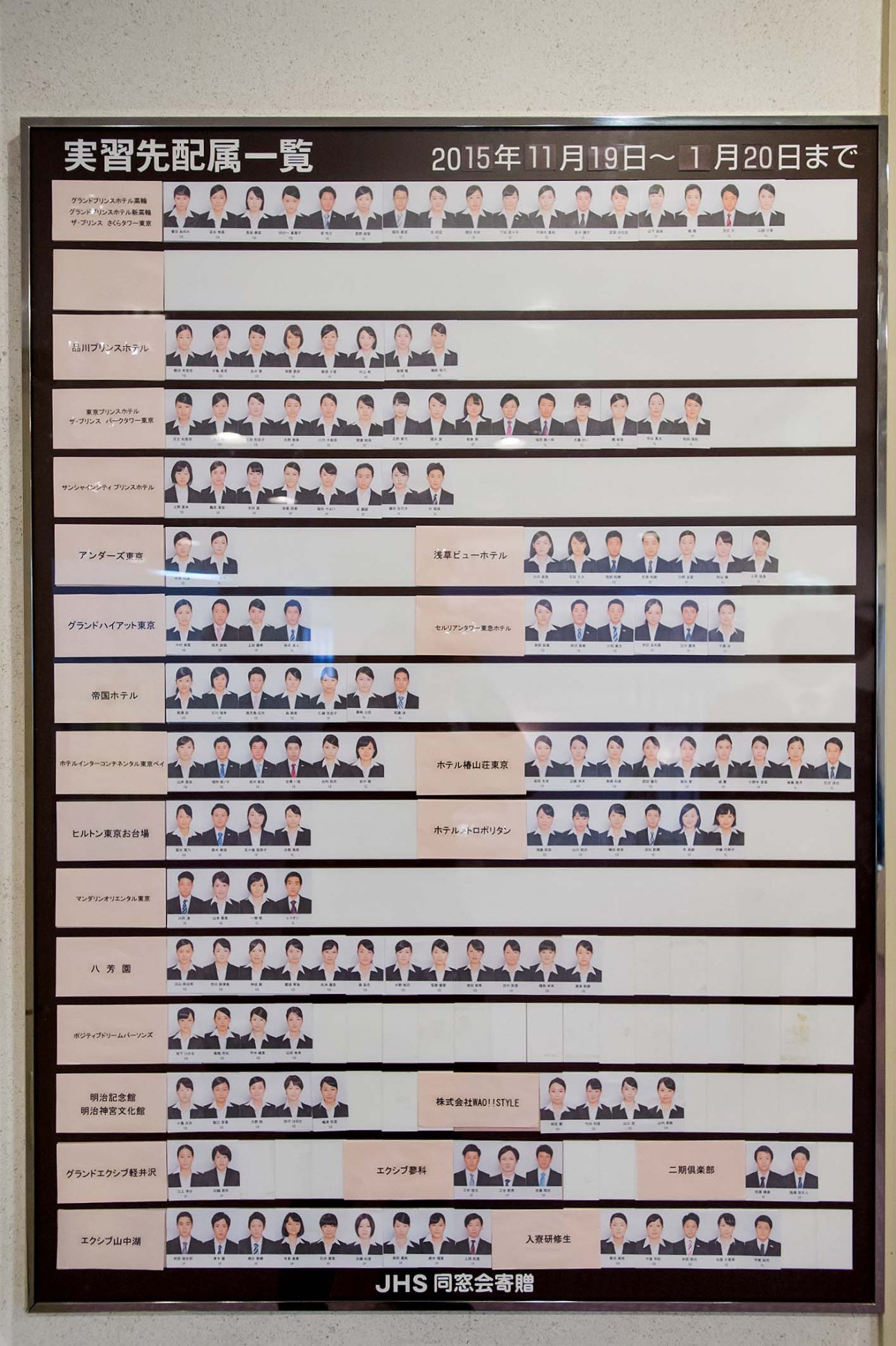 Framed board displaying list of Japan Hotel School students on internships at various hotels, November 2015 to January 2016.