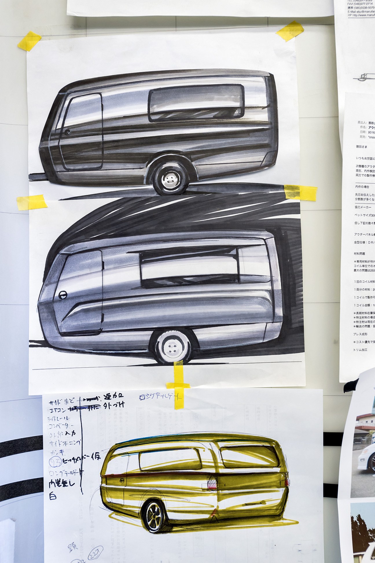 Design sketches for the Roomette trailer by Croco Art Factory, including side-view renderings in black and gold markers with Japanese annotations.