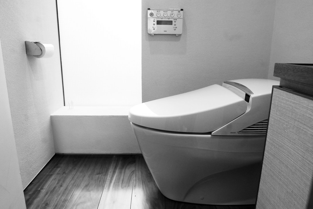 Modern Japanese bathroom with TOTO Washlet toilet, control panel, and minimalist design.