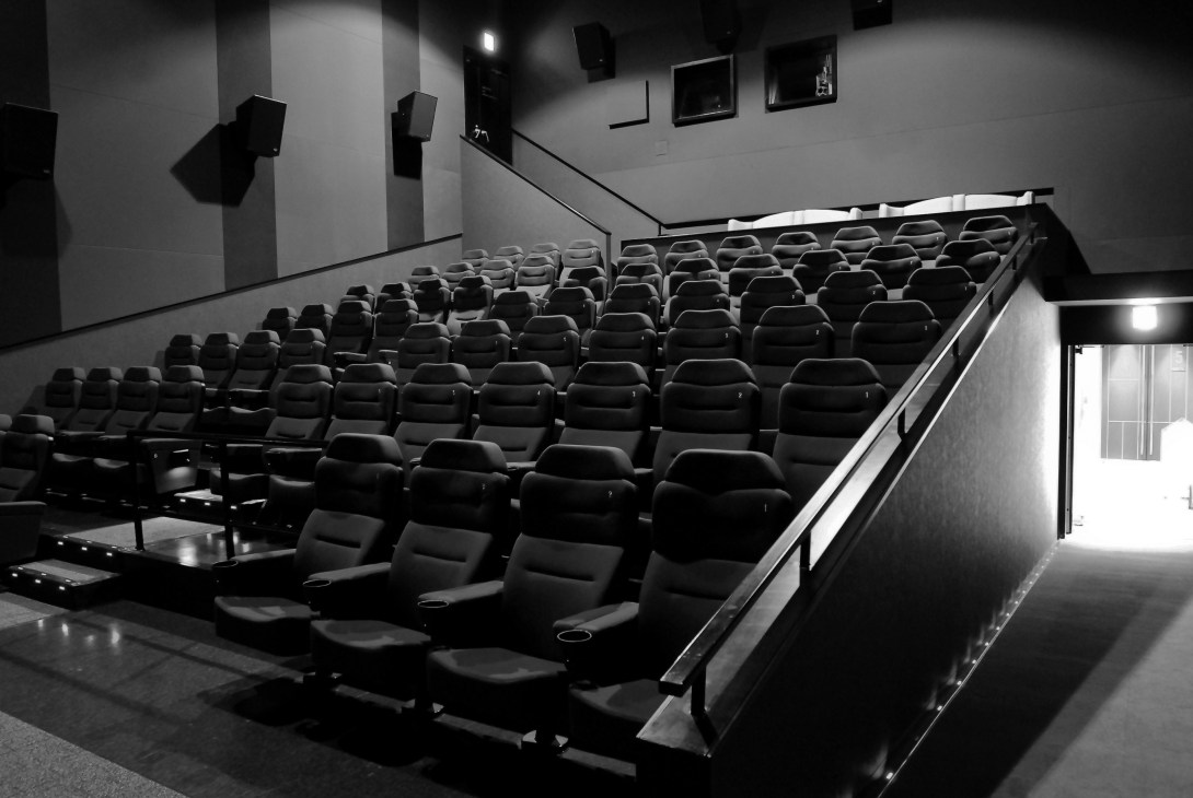 Black and white photograph of a modern cinema auditorium with rows of comfortable armchair seats and stadium-style seating arrangement.