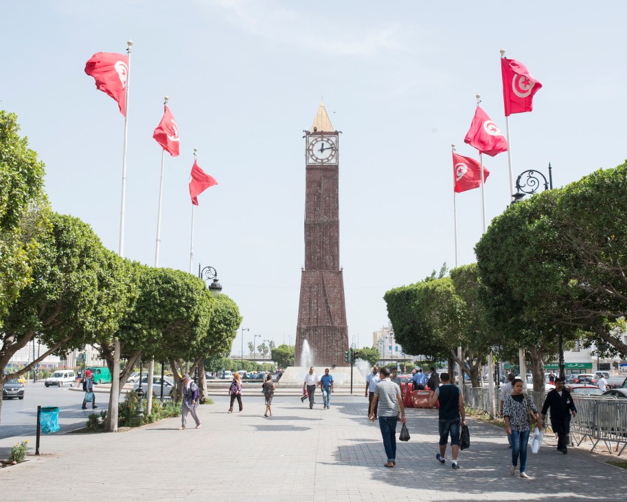 Clock tower on Avenue Bourguiba in Tunis surrounded by Tunisian flags and tree-lined plaza with pedestrians.