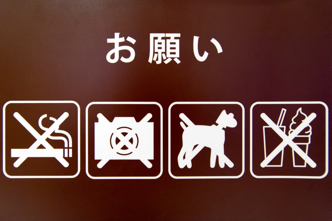 Four white icons on brown background showing prohibited activities: smoking, firearms, dogs, and climbing.