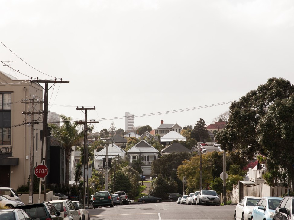 Suburban Auckland street with houses, power lines, and parked cars under overcast sky.