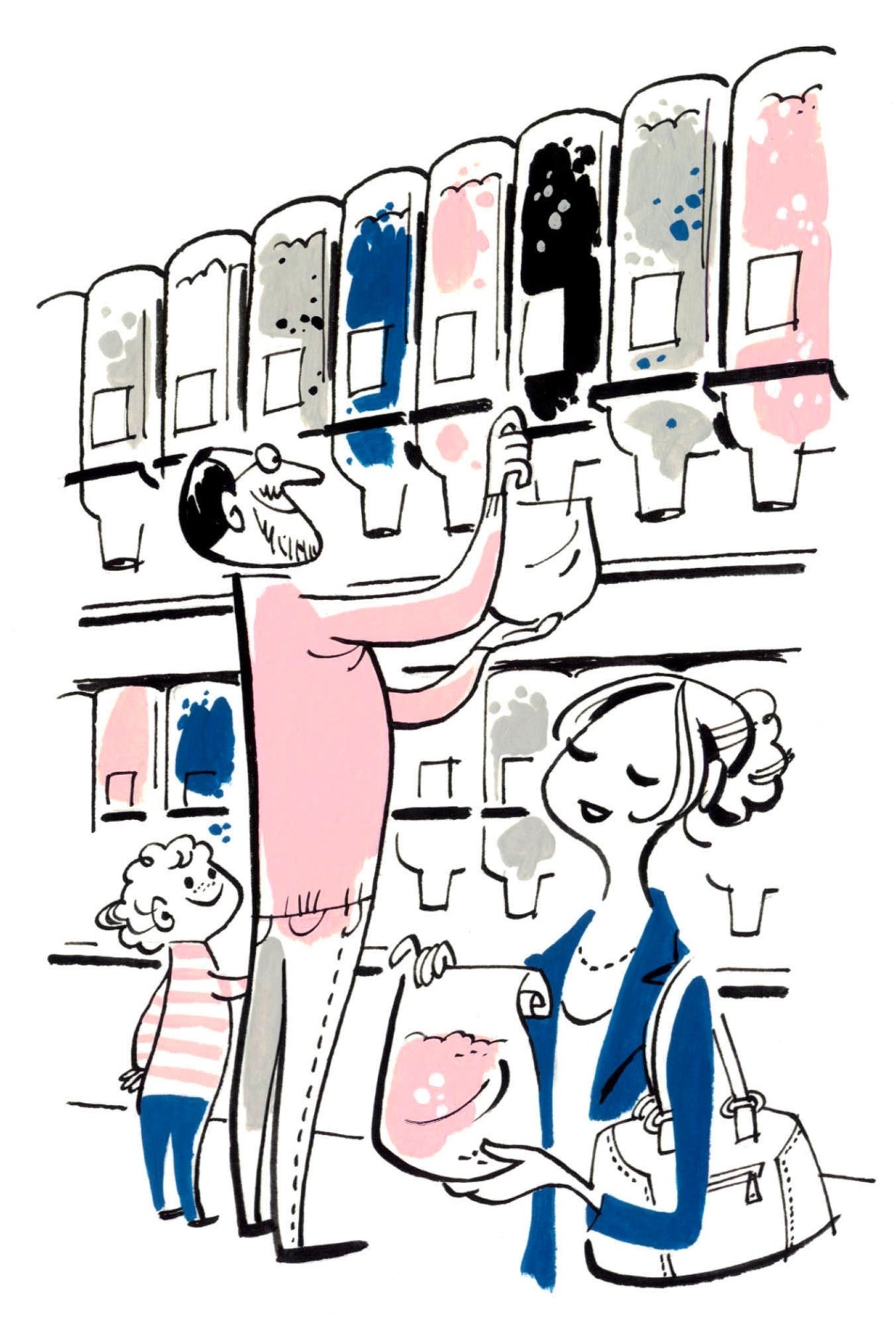 Illustration of shoppers using food dispensers at a supermarket to fill reusable bags with pasta, rice and coffee by the kilo.