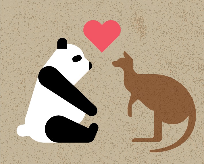 Illustration of a white panda and brown kangaroo with a red heart above them on a textured beige background.