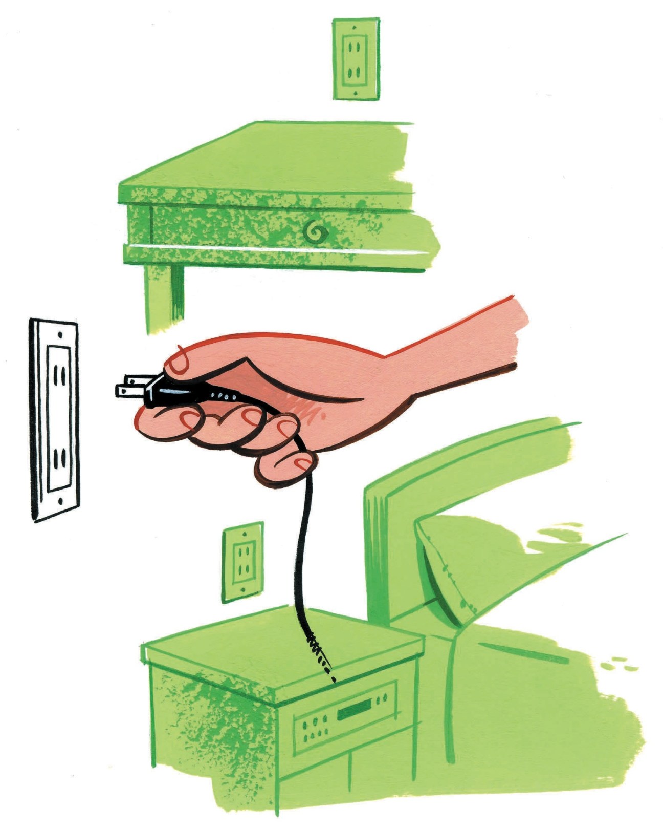 Illustration of a hand holding an electrical plug near desk outlets and furniture in green and coral tones.
