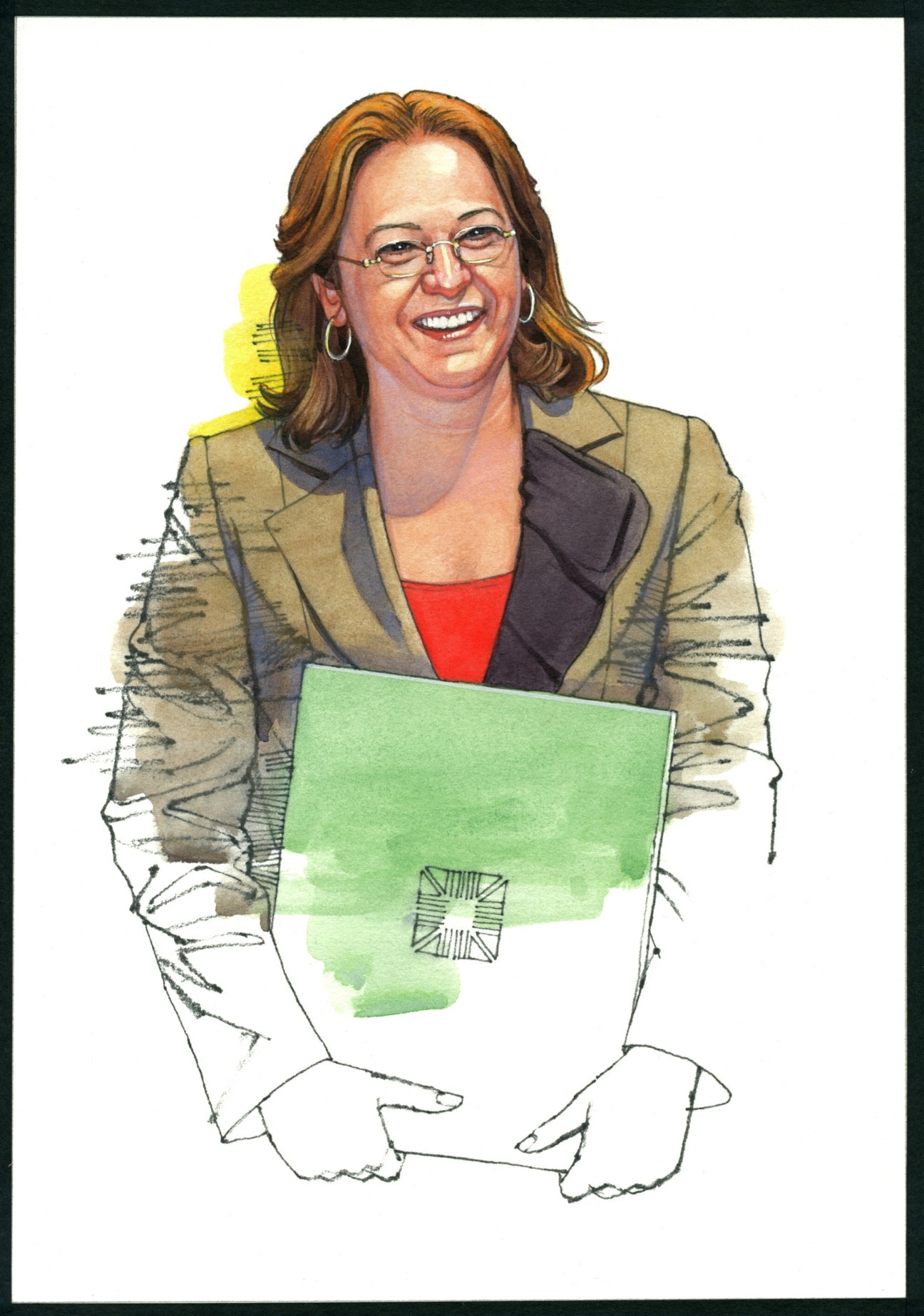 Illustration of Eleni Mavrou, mayor of Nicosia, holding a green map and wearing glasses and a blazer.