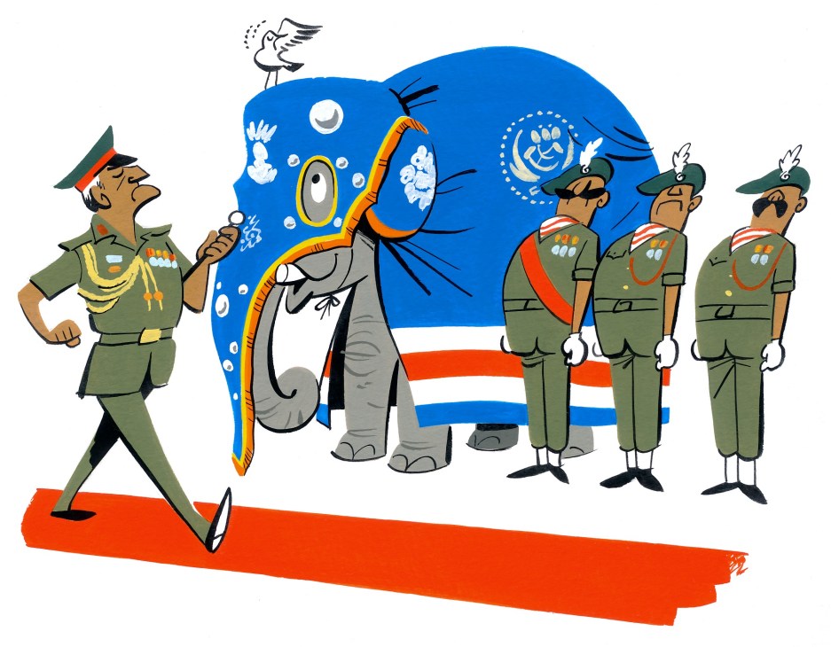 Illustration of an elephant in military dress parade with Dutch flag and uniformed soldiers.