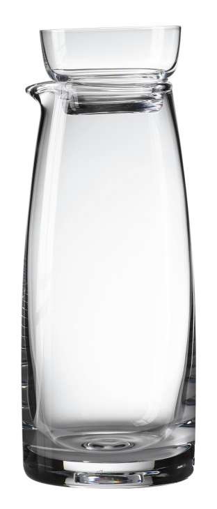 Pukeberg's Enjoy collection glass carafe with ribbed bands and spout design.