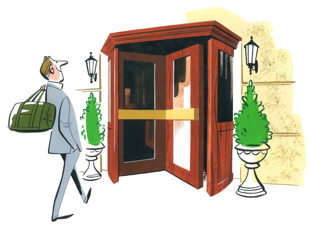 Illustration of a man with luggage entering a hotel entrance with a red door and topiary plants.