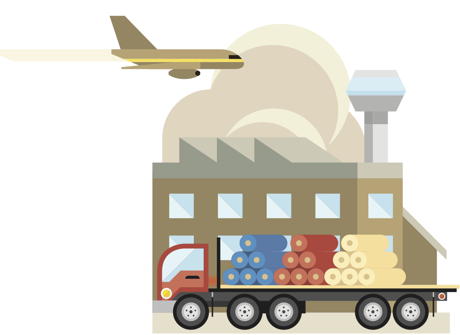 Illustration of a factory with an airplane, delivery truck loaded with fabric bolts, and industrial building.