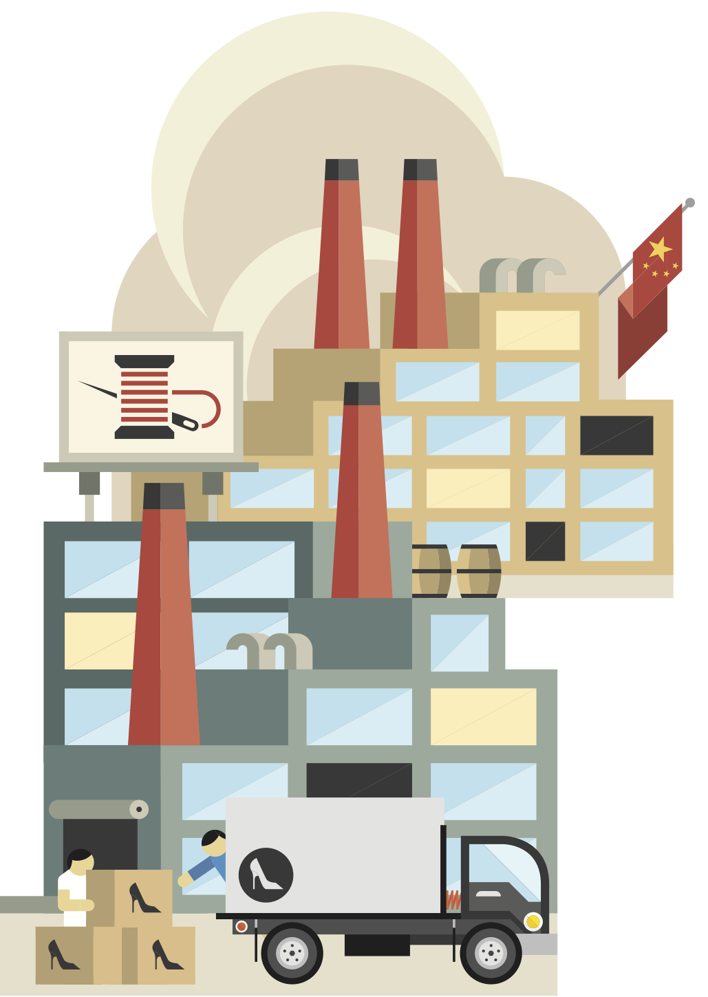 Illustration of a Chinese factory complex with smokestacks and Chinese flag, workers, and delivery truck outside.
