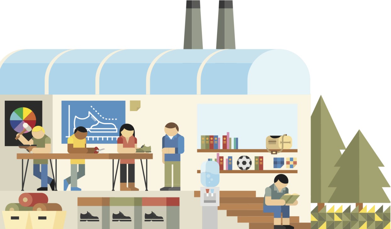 Illustration of a factory interior with workers at desks, shelves with products, and pine trees visible outside.