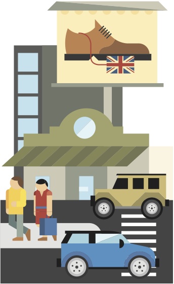 Illustration of a multi-story building showing ethical fashion manufacturing with workers, vehicles, and a British shoe at the top.