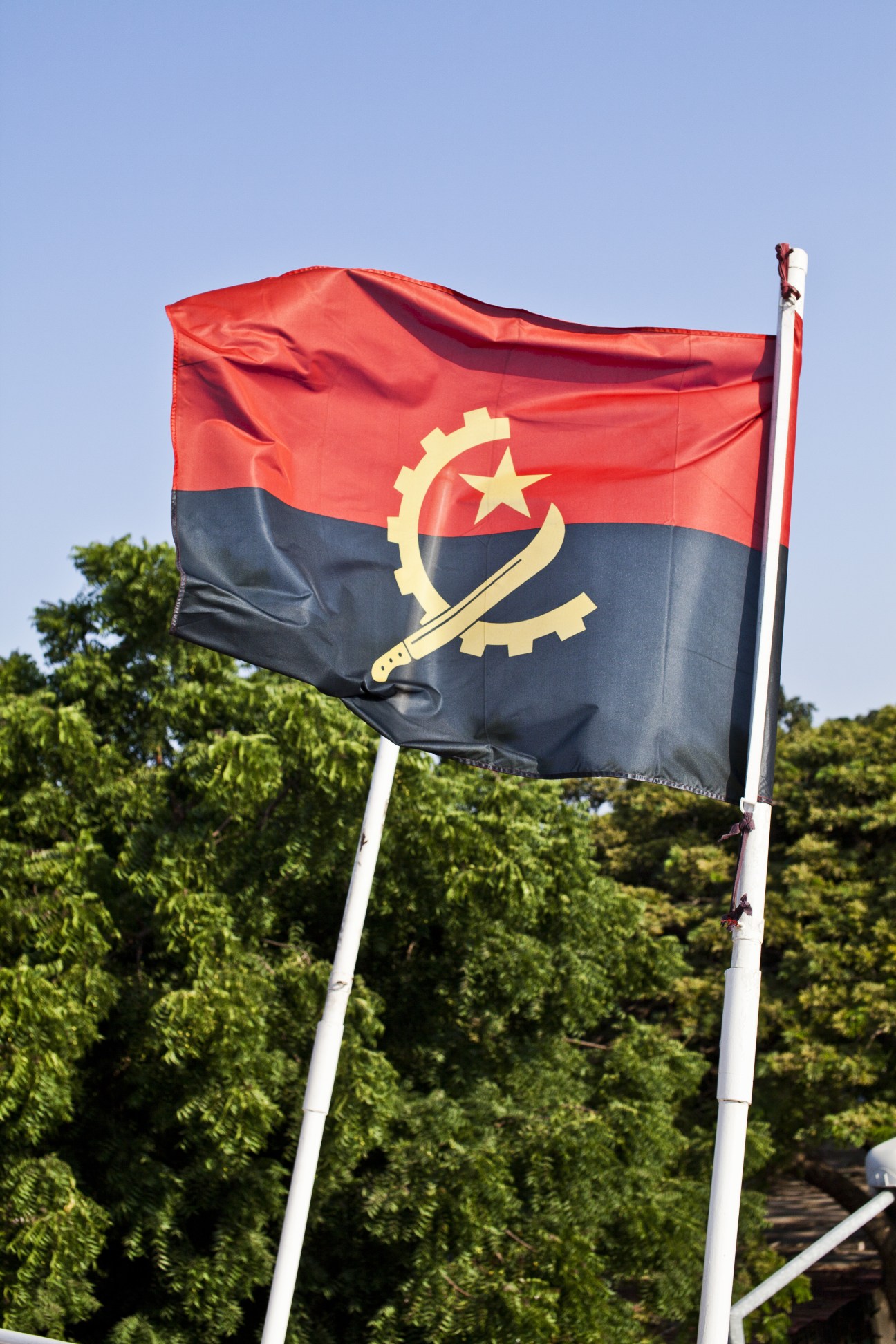 Angola's national flag flying on a white pole against a clear blue sky with green foliage in the background.