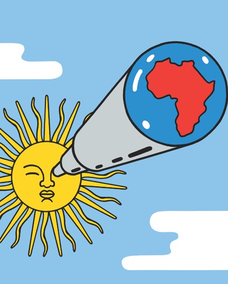 Illustration of a sun with a face holding a telescope pointed at Africa on a globe.