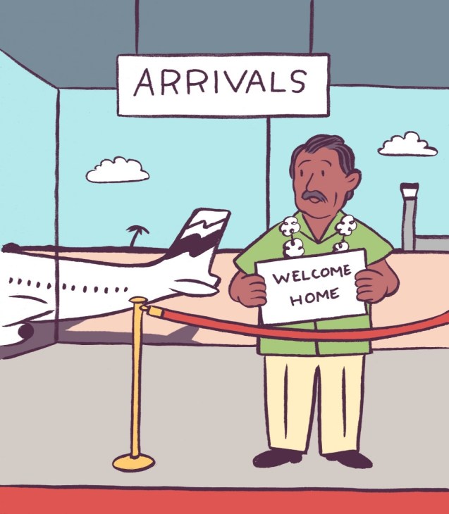 Illustration of a man at an airport arrivals gate holding a welcome home sign with flowers.