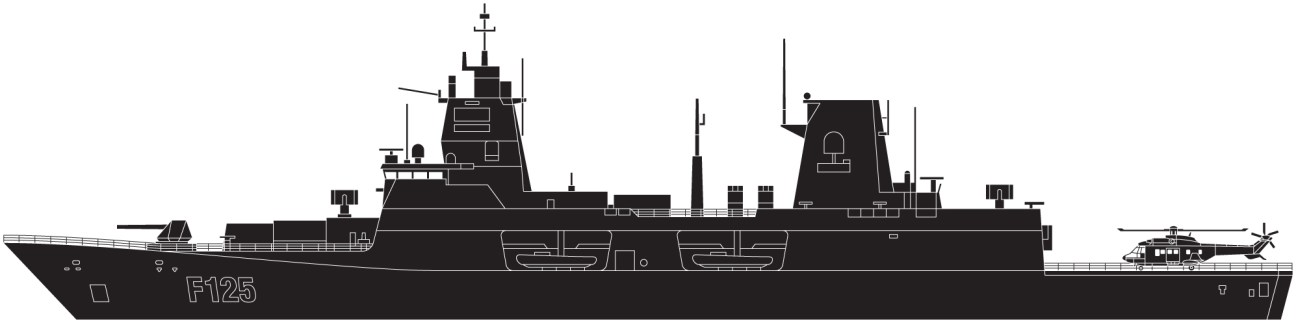 Side profile illustration of the German F125 frigate warship showing its hull, bridge, mast, and helicopter on deck.