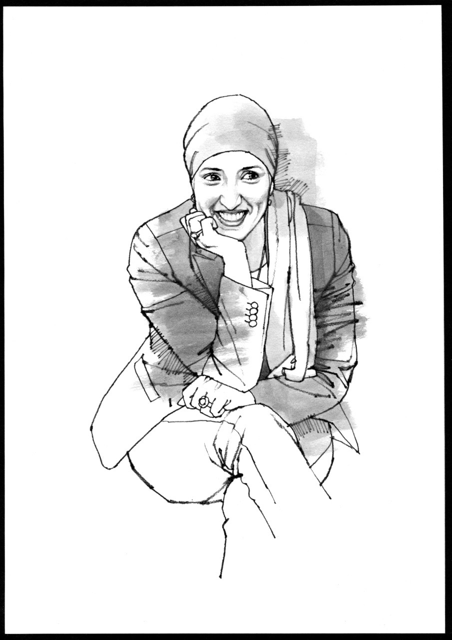 Sketch illustration of Fatima Elatik, Amsterdam-Oost district leader, wearing a headscarf and smiling.