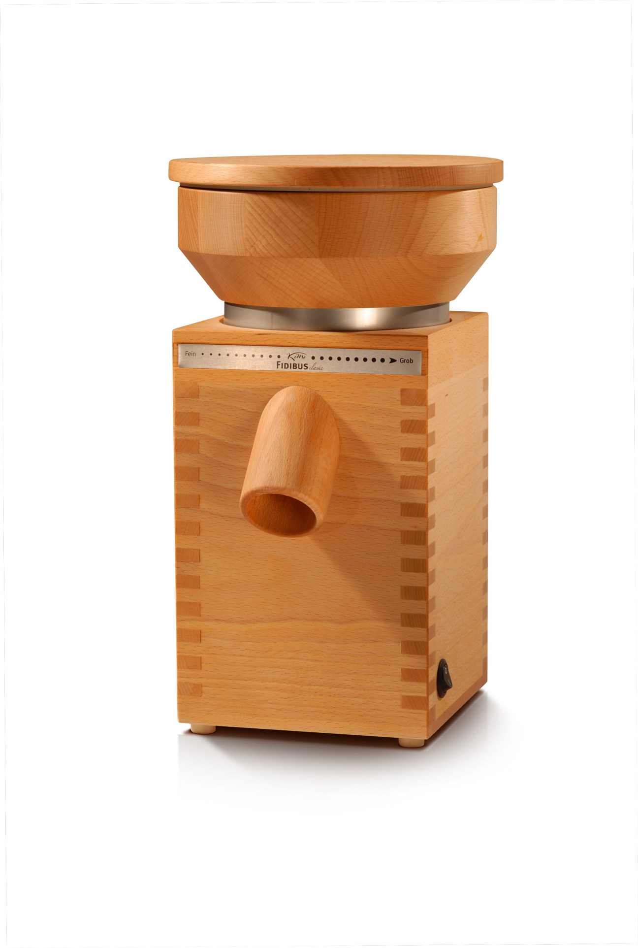 Komo Fidibus Classic flour mill made of natural beech wood with grinding mechanism and collection chute.
