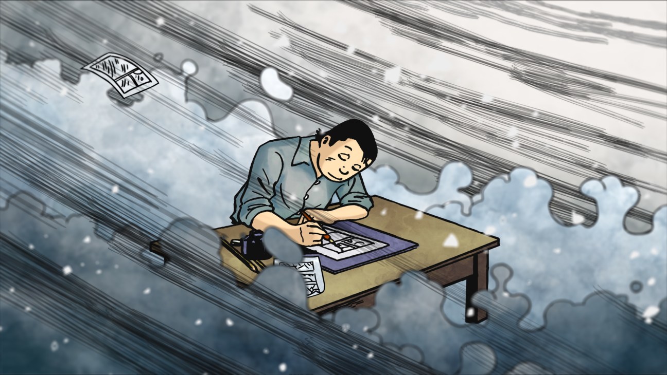 Animated illustration of a man drawing at a desk surrounded by floating puzzle pieces and sketches.