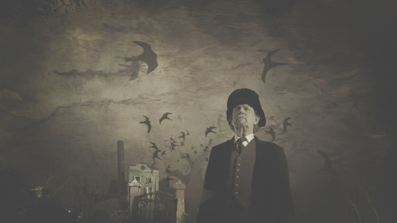 A man in dark formal clothing and hat stands looking upward amid flying birds in a moody, vintage-toned scene.