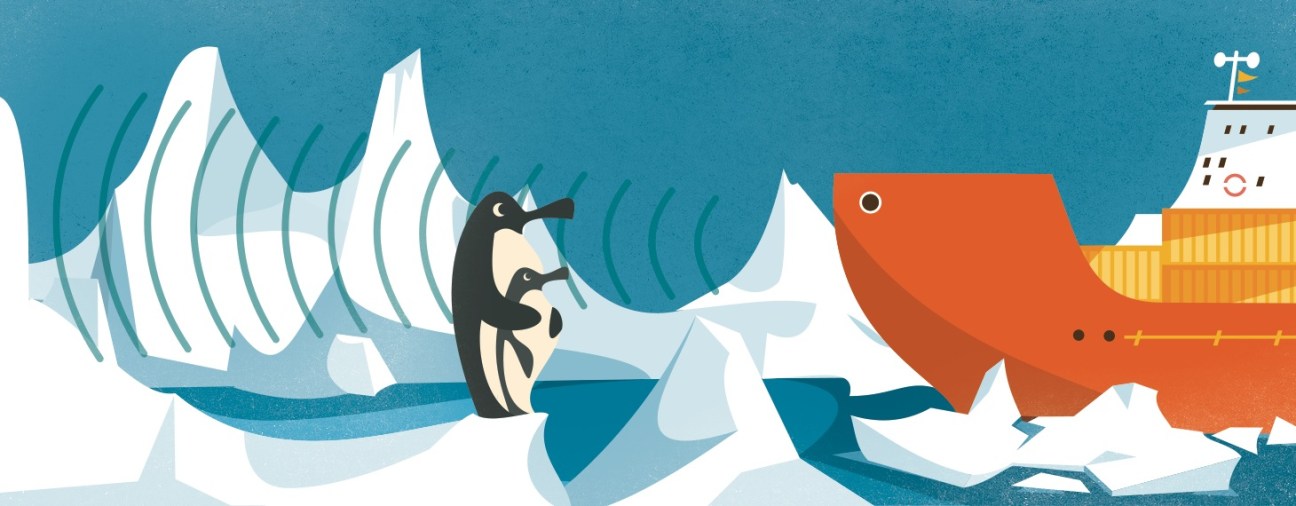 Illustration of penguins and an icebreaker ship navigating through Arctic ice and radar waves.