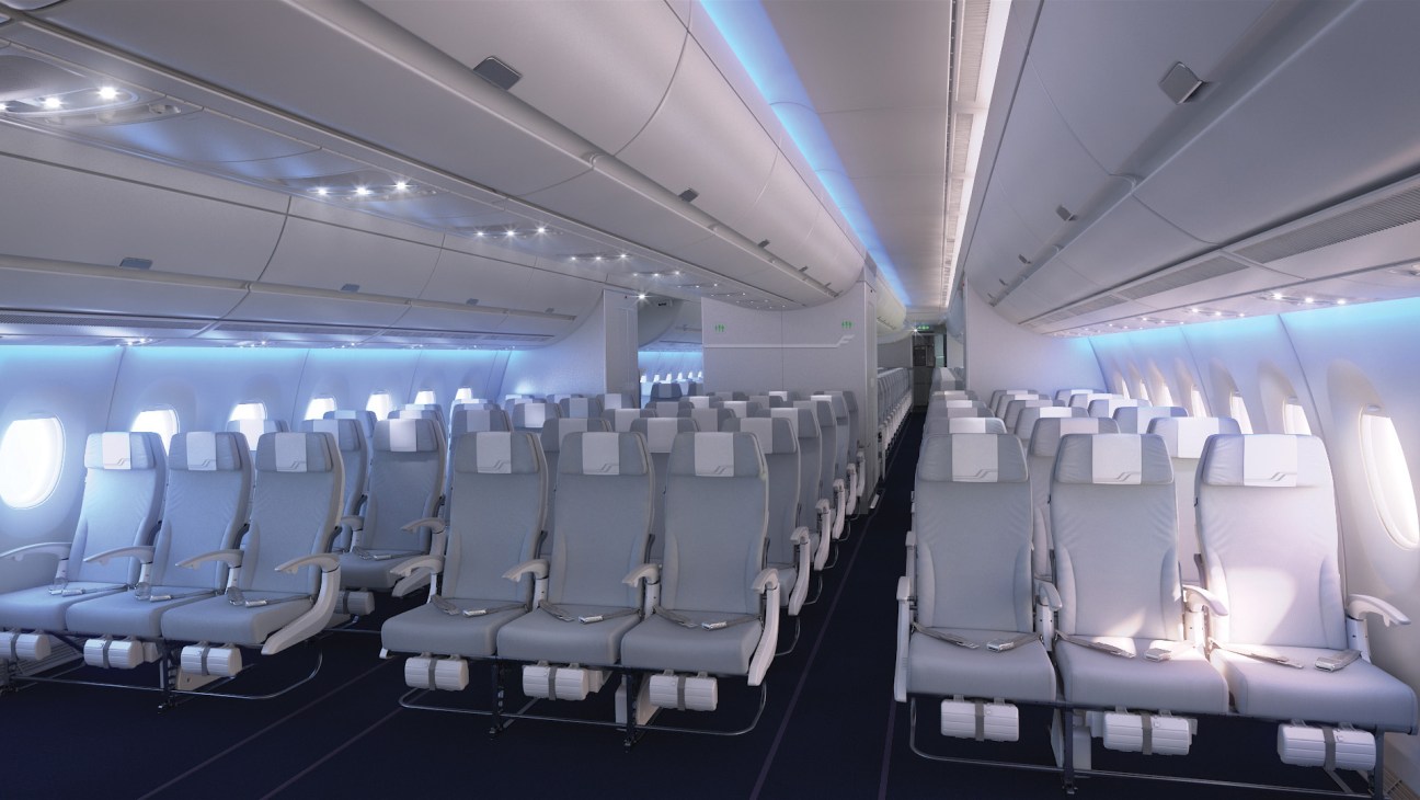 Empty economy-class cabin interior of Finnair's Airbus A350 with rows of gray seats and blue ambient lighting.