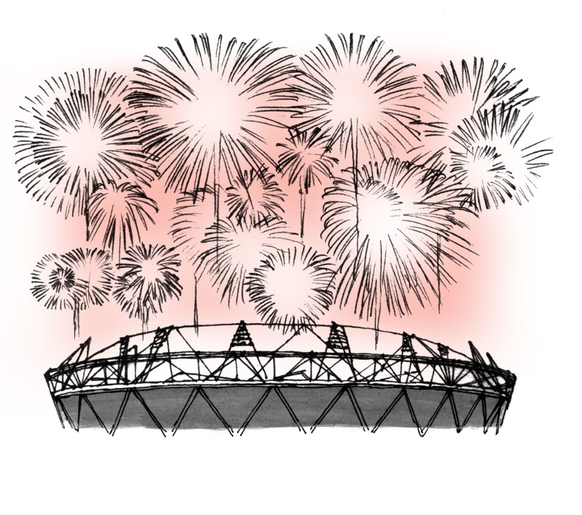 Illustration of fireworks exploding above the Olympic Stadium with pink sky and black line-drawn firework bursts.