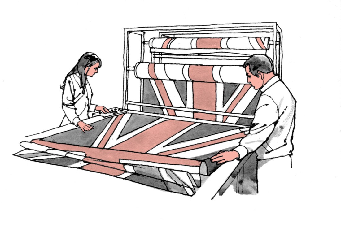 Illustration of two people examining rolled flags with Union Jack design from a storage rack.