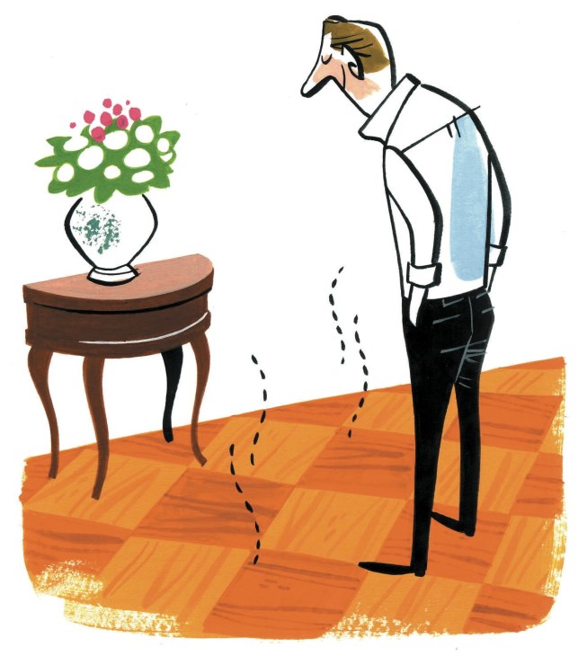 Illustration of a man standing on a warm wooden floor beside a side table with flowers, depicting heated flooring comfort.