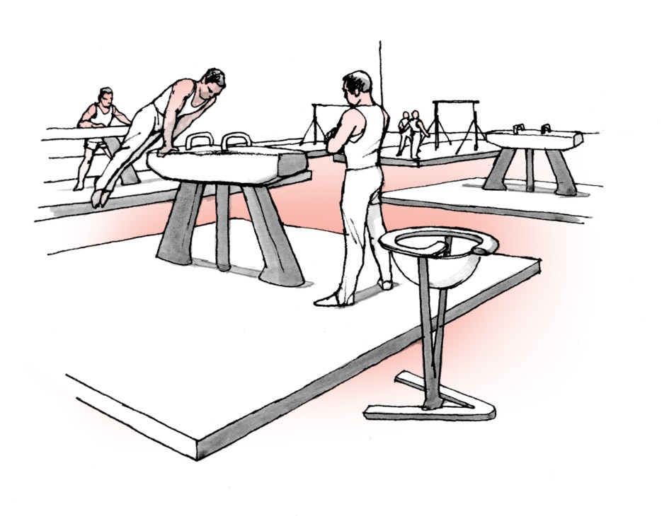 Illustration of gymnasts using various equipment including balance beam, vault, and uneven bars.
