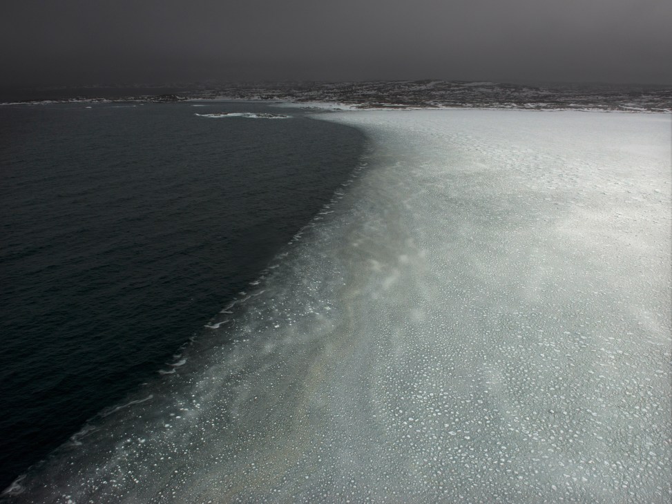 Aerial view of pack ice covering the water surrounding Fogo Island in March.
