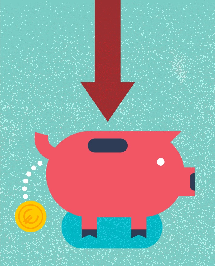 Illustration of a red piggy bank with a downward arrow and gold coin, symbolizing financial crisis and economic pressure.