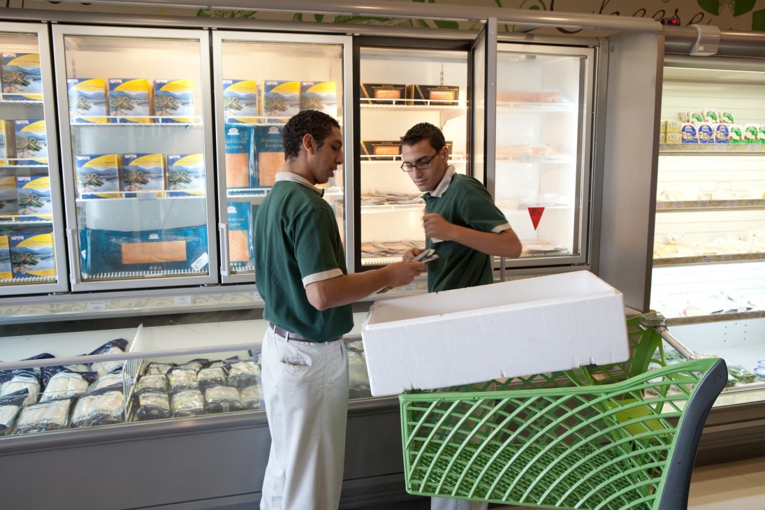 Two staff members in green shirts work at Gourmet Egypt's refrigerated counter displaying imported food products.
