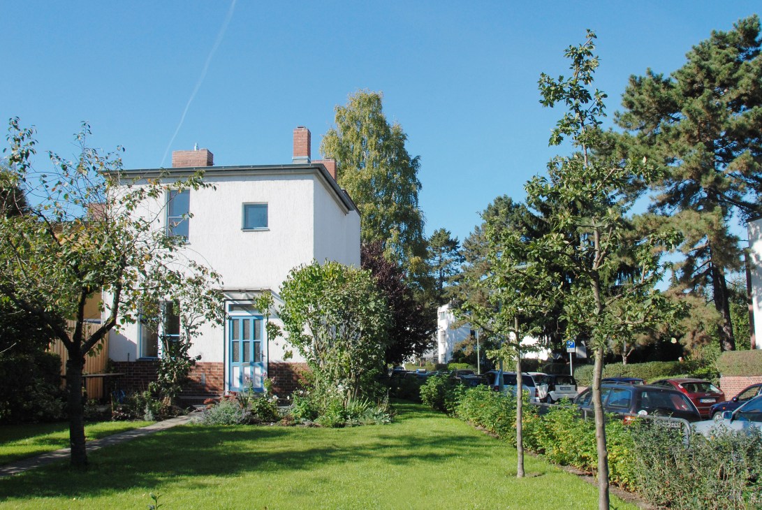 White modernist house with blue door surrounded by mature trees and green lawn.