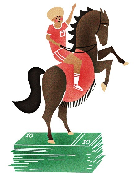 Illustration of a person in red athletic wear riding a brown horse, standing on a stack of green money.