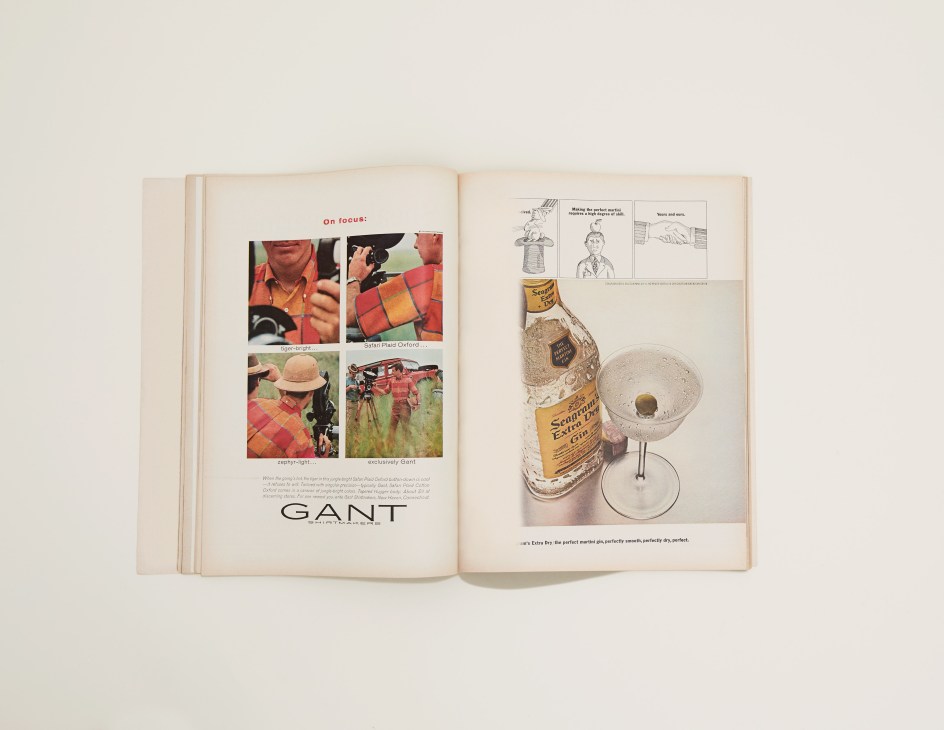 Open vintage magazine spread showing Gant brand advertisement with plaid clothing photos and a cocktail drink advertisement.