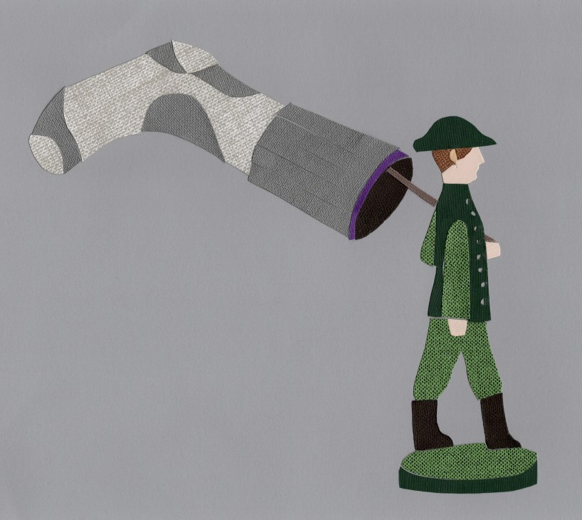 Illustrated soldier in green wool uniform holding a rolled woolen garment.