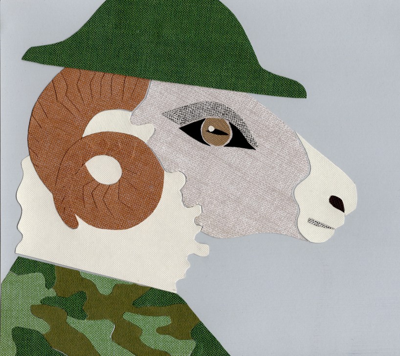 Illustration of a sheep's head wearing a military helmet and clothing, shown in profile with textured fabrics.