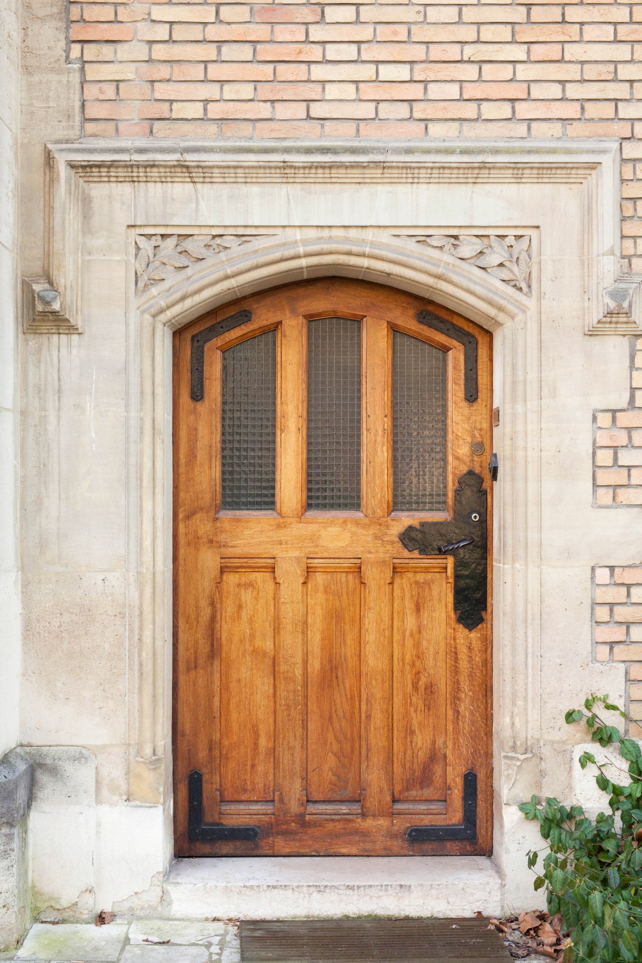 Wooden arched door with three glass panes above wooden panels, set in a stone archway within a brick building facade.