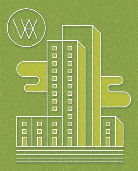 Line illustration of modern high-rise buildings with 25hours hotel logo on green background.