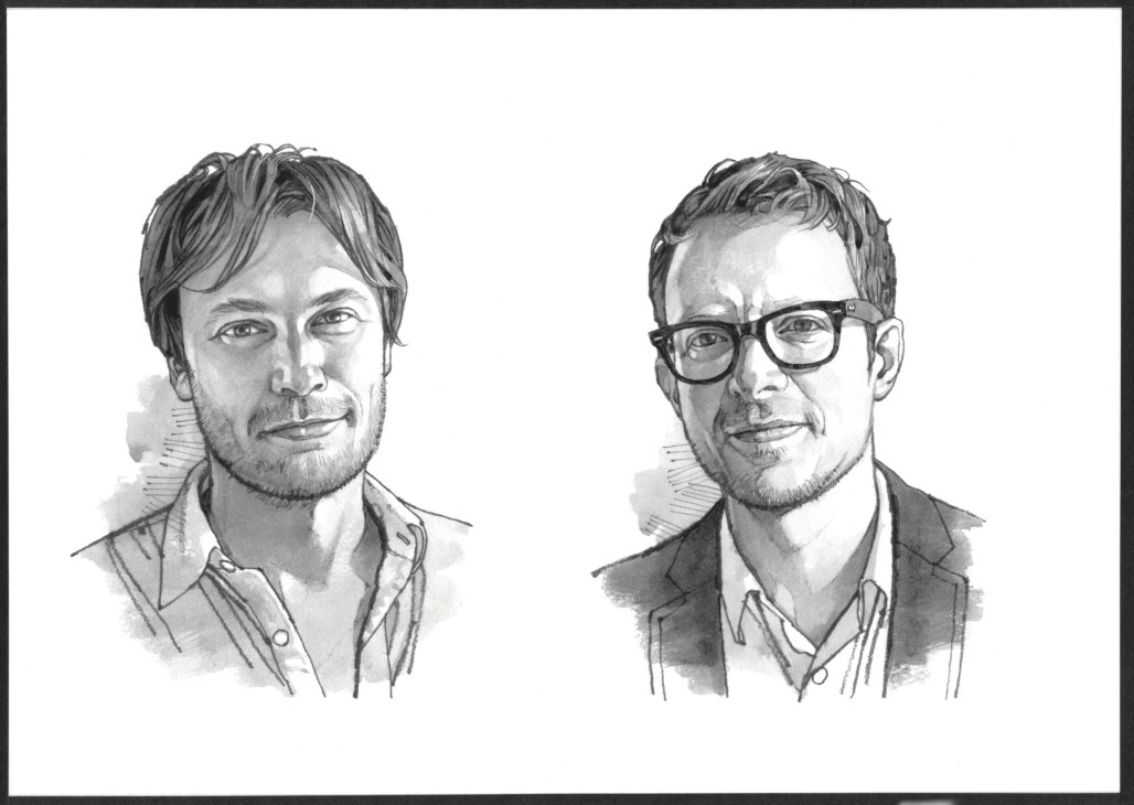 Sketch of two men's head portraits, one with longer hair and one wearing glasses.