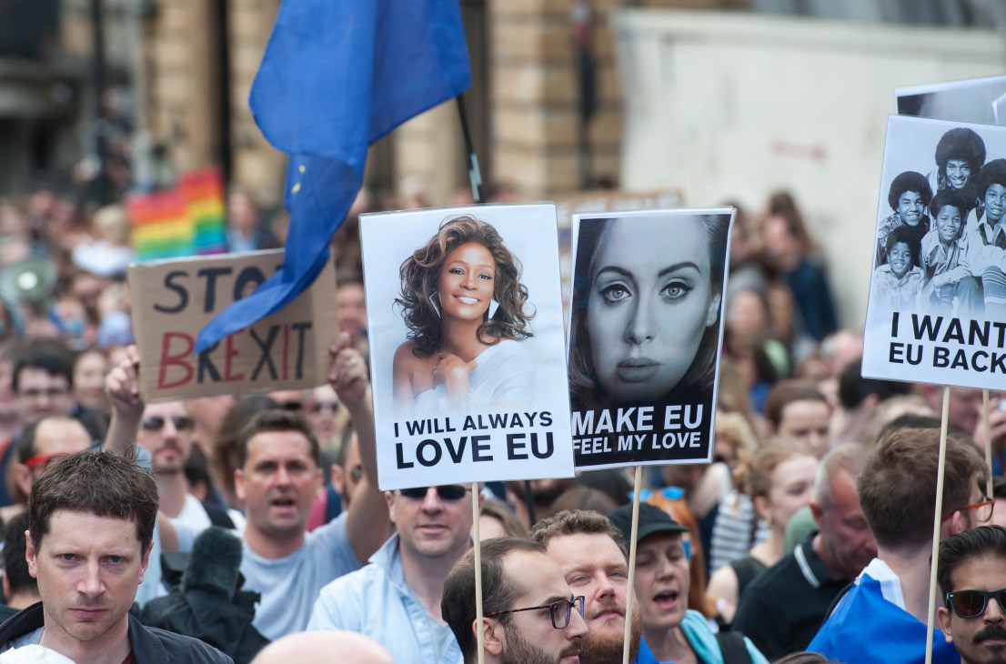 Pro-EU protesters holding signs with images and slogans at a London demonstration against Brexit.