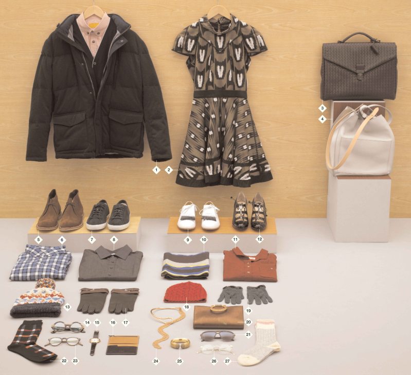 Fashion gift items displayed on a beige background including a black jacket, patterned dress, handbag, shoes, accessories, and clothing pieces numbered for reference.