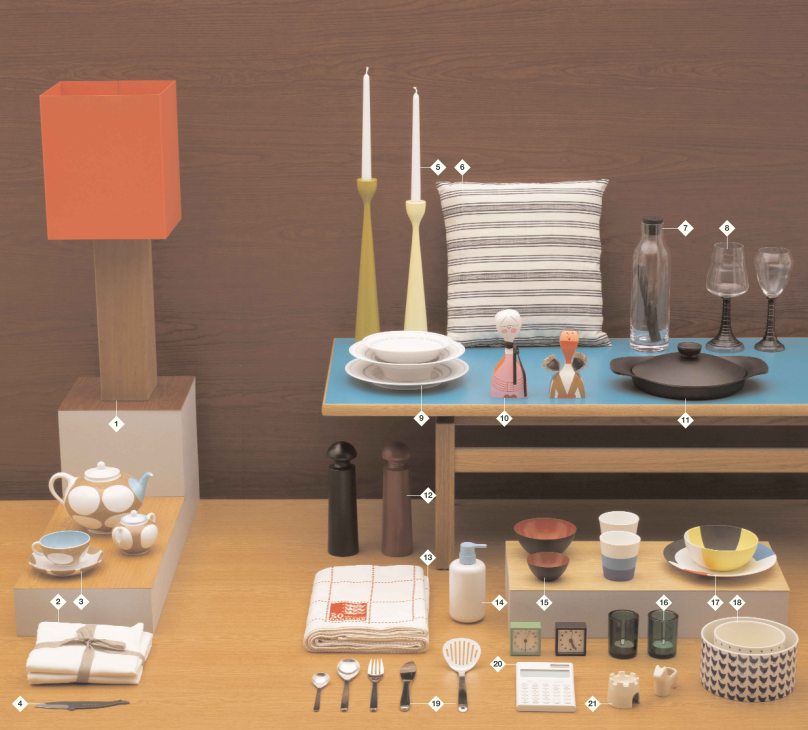 Illustration of home gift items including lamp, candleholders, dishware, textiles, and kitchen accessories arranged on wooden surfaces.
