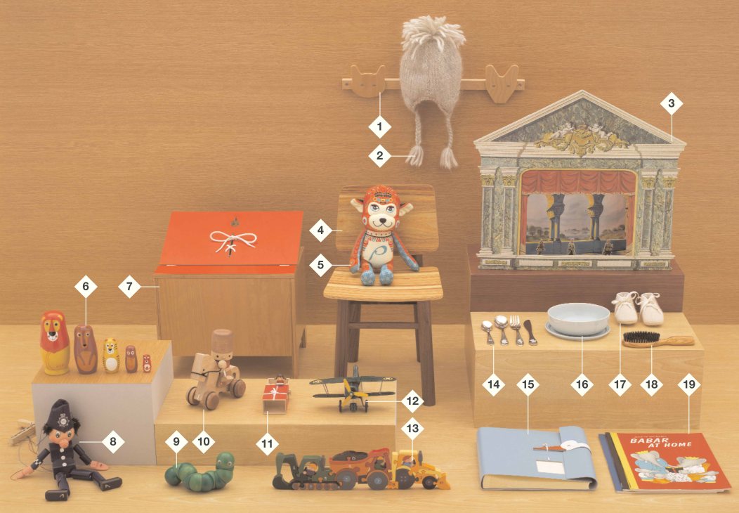 Numbered display of children's gifts including toys, books, clothing and home items arranged on wooden shelves.