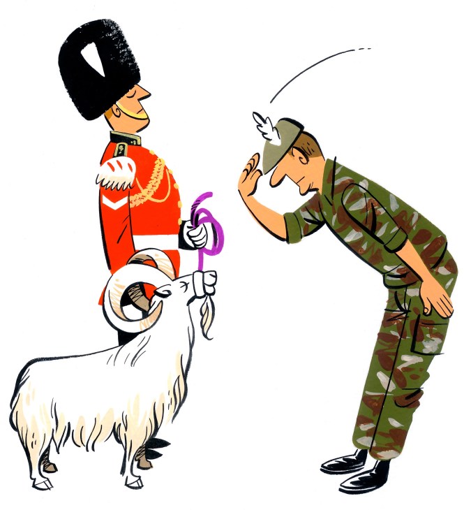 Illustration of a British ceremonial guard with a goat in military uniform.